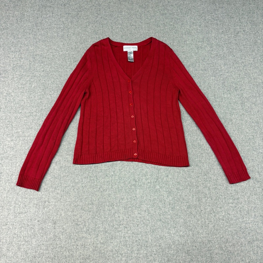 August Silk Cardigan Sweater Small Red Silk Cotton Ribbed V-Neck Button Front